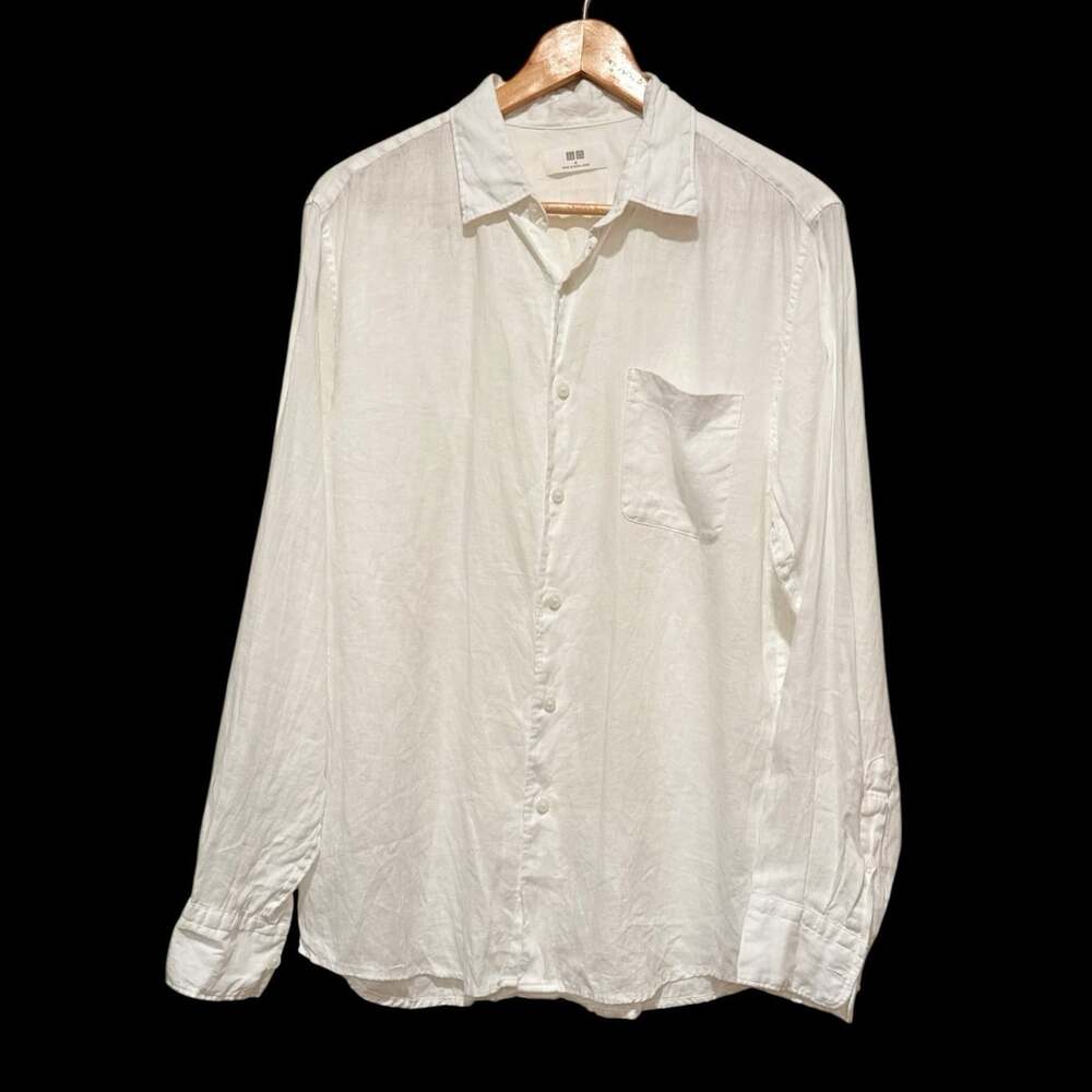 Uniqlo Sz M White Premium 100% Linen Long Sleeve Womens Button Down Shirt - Picture 2 of 7